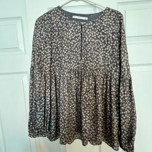 Zara Black and White Long Sleeve Blouse with Peter Pan Collar